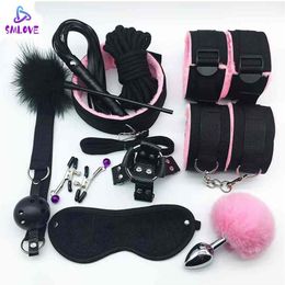 SMLOVE Handcuffs For Collar Whip Gag Nipple Clamps BDSM Bondage Rope Erotic Adult Woman Couples Anal Butt 210722174S