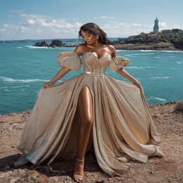 Sparkling Beach Bohemian Sexy Champagne Prom Dresses Sweetheart High Side Split Party Prom Dress Bohemian Boho Formal Party Gowns 340i