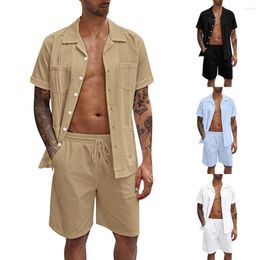 Men's Tracksuits Summer Cotton And Linen Solid Color Leisure Suit Vacation Loose Simple Fashion Short-sleeved Shirt Shorts Two-piece For Men