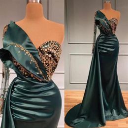 Elegant Dubai Aso Ebi Arabic Dark Green Mermaid Evening Pageant Dresses One-shoulder Long Sleeve Crystal Beaded Formal Party Prom 276U