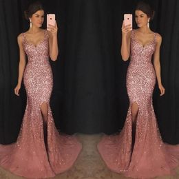 2020 Rose Pink Bling V Neck Mermaid Evening Dresses Luxury Crystal Beaded Pageant Dress Major Beading Split Sweep Train Formal Pro309j