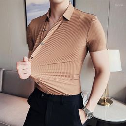 Men's Casual Shirts Plus Size 4XL-M High Elasticity Men Dark Striped Short Sleeve Top Quality Slim Social Formal Dress