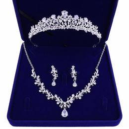 High-quality new bride crown tiara three-piece zircon necklace earrings princess birthday wedding with female accessories gift326k