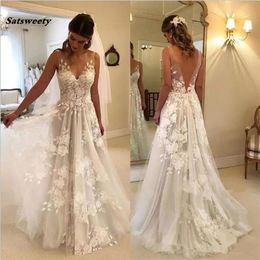 Beautiful Beach Wedding Dresses V-Neck Flowers Lace Bridal Dress Backless vestido de noiva princesa Tulle Bride Gowns223L
