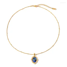 Pendant Necklaces Minar Textured Blue Oval CZ Cubic Zirconia Imitation Pearl For Women 18K Gold Plated Stainless Steel Choker