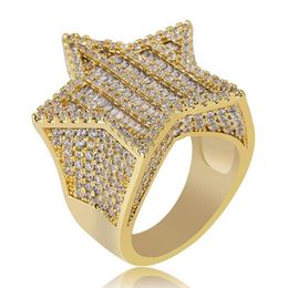 18K Gold & White Gold Mens Luxury Bling Cubic Zirconia Pentagram Hip Hop Ring Band Full Diamond Iced Out Rapper Jewellery Gifts for 243D