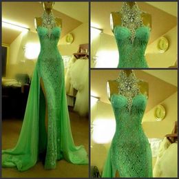 Emerald Green Split Evening Dresses Mermaid Beaded High Collar Crystal Lace Arabic Prom Gowns Floor Length Rhinestones Dubai Eveni238z