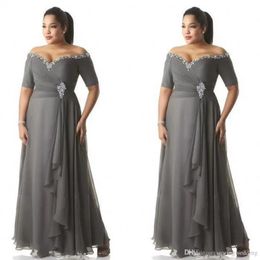 Grey Mother of the Bride Dresses Plus Size Off the Shoulder Cheap Chiffon Prom Party Gowns Long Mother Groom Dresses Wear BM0875200B