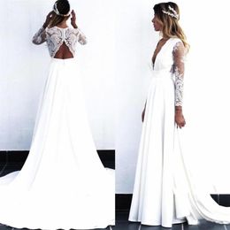 Lace Bohemian Wedding Dresses Vintage Lace Long Sleeve Boho Open Back Bridal Gowns vestido de noiva2556