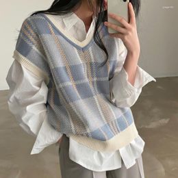 Women's Vests Plaid Vest Women Spring Autumn Vintage Sleeveless Sweater Korea Casual Ladies Knitted Tops 2023 Woman