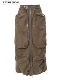 Skirts Y2K Safari Elastic Waist Army Green Cargo Skirt Summer Women Cotton Front 3D Pockets Center Zipper Maxi Long 230720