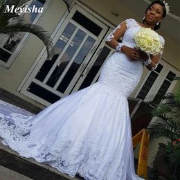 ZJ9184 Appliques Lace Mermaid Wedding Dresses 2021 Long Sleeves Beaded Train Bridal Dress Plus Size294s