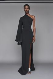 Elegant Long Black Crepe Evening Dresses With Slit Mermaid One Shoulder Small Train Pleats Zipper Back Prom Dresses for Women