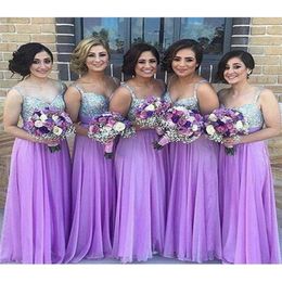 New Cheap Lilac Cheap Bridesmaid Dresses For Weddings Guest Dress Spaghetti Straps Chiffon Silver Crystal Beading Formal Maid of H2936