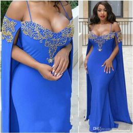 Sexy Blue Evening Dresses Beaded Spaghetti Straps Mermaid Arabic Prom Dresses With Warp African Formal Party Dress Plus S2076