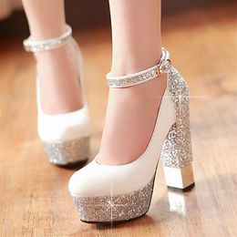 Scarpe da sposa con tacco alto da damigella d'onore Nuovo cinturino con paillettes di colore a contrasto Scarpe con punta tonda Piattaforma d'acqua Tacco spesso Tacchi alti257q