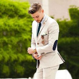 Handsome Beige Mens Suits Wedding Tuxedos Elbow Patches Business Casual Groom Formal Wear Trim Fit Male Blazers 2 Pieces Jacket Pa258g