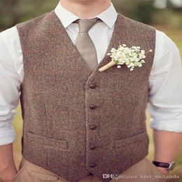 2020 Country Brown Groom Vests For Wedding Wool Herringbone Tweed Custom Made Slim Fit Mens Suit Vest Farm Prom Dress Waistcoat Pl208L