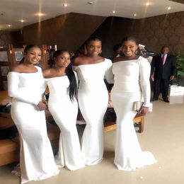 Nigerian African Elegant White Mermaid Bridesmaid Dresses Black Girls Floor Length Long Sleeves Maid of Honor Gowns Cheap Formal W220r