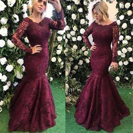 Burgundy Lace Mermaid Mother of the Bride Dresses Pearls Beading Neck Long Sleeve Floor Length Wedding Party Formal Evening Gowns 278W