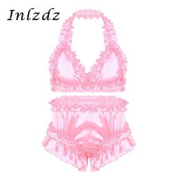 Mens Sissy Crossdresser Lingerie Suit Satin Frilly Ruffled Lingerie Set Bra Tops with Knickers Bloomers Briefs Gay Underwear Set276i