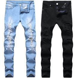 Mens Washed Worn Out Jeans Fashion Denim Pants Elastic Small Straight Tube Tight Fit Youth Fashion Male Pants Jeans 28-42294K