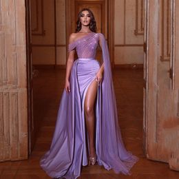 Purple One Shoulder Evening Dresses Beading Top Side Split Celebrity Gown Ruched Satin Arabic Dubai Females Robe de Soiree with Ca318t