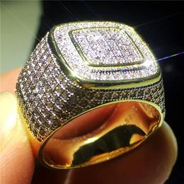 Male Hiphop ring Yellow Gold Filled 925 silver Pave setting 5A zircon Stone Anniversary Party Band Rings for Men Jewelry325D