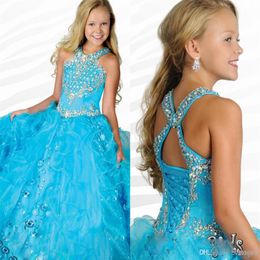 Glitz Girl's Pageant Dresses Halter Cristalli Paillettes Organza pieghettato Ragazze Ball Gown Principessa Abiti da festa di nozze RG6684 ritz222J