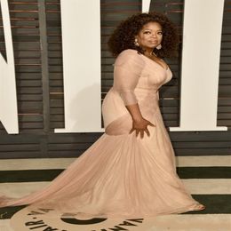 2020 Allık Pembe Oprah Winfrey Oscar Ünlü Elbiseler Plus B boyutu V Boyun Kılıf Tül Tülle Uzun Kollu Süpürme Tren Düzenli Akşam D267P
