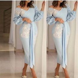 Tea Length Light Sky Blue Mother Of The Bride Dresses Off The Shoulder Evening Dresses With Long Sleeves Appliques Party Gowns Pro195R