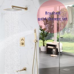 Matte Brushed Gold Complete Shower Set Modern Bath System Wall Mounted 12 Inch Showerhead Thermostatic Push Button Valve Mixer Fau220W