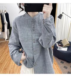 Women's Blouses Vintage Stand Collar Cotton Tops And Single-Breasted Office Work Clothes 2023 Long Sleeved Women Plaid Shirts Blusas