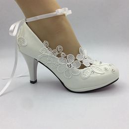 Handmade Dress white Lace Wedding Shoes Ribbon Bridal Women High Heel Pumps Bride wedding heels NEW304I