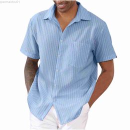 Men's Casual Shirts Vintage Stripe Print Linen Shirts For Men New Summer Casual Fashion Pullover Short Sleeve Turn-down Collar Shirt Male Clothing L230721