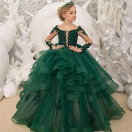Gorgeous Green Flower Girl Dresses Scoop Neck Appliqued Beaded Long Sleeves Girl Pageant Gowns Ruffle Tiered Sweep Train Birthday 234I