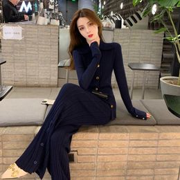 Women's Two Piece Pants 2023 Spring Fashion Casual Knitted Suits Female Slim Sweater Cardigan Coats Wide Leg Trousers Ladies 2 Sets O280