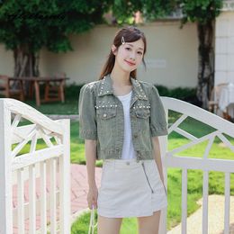 Women's Jackets Japanese Preppy Style Summer Autumn Women Short Coat Turn-Down Collar Beading Vintage Denim Jacket With Sleeve