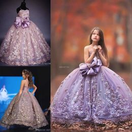 Luxury Pearls Flower Girls Dresses Spaghetti 3D Floral Applique Detachable Bow Pageant Dress Fashion Fluffy Tulle Ball Gown Birthd1808