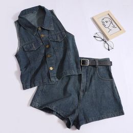 Women's Tracksuits Summer Denim Two-piece Set Women Turn-down Collar Tank Tops Shorts Suit Casual Fashion Sleeveless T-shirt Blue Short