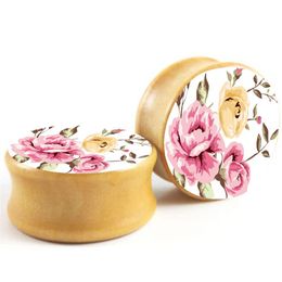 Vintage Flower Double Flare Saddle Ear Plug Gauges Tunnel Mix 6-16mm Wood Body Piercing Jewelry196h