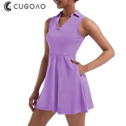 Basic Casual Dresses CUGOAO Fashion Purple 2pcs Tennis Dress Suit Solid Sleeveless Turn-down Collar Badmintan Golf Tennis Dresses Vestidos De Mujer 230720
