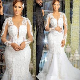 2021 Plus Size Arabic Aso Ebi Mermaid Lace Beaded Wedding Gowns Long Sleeves Sexy Vintage Tulle Bridal Dresses ZJ174253V