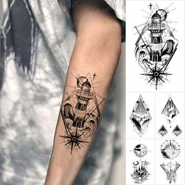 Waterproof Temporary Tattoo Sticker Nautical Lighthouse Compass Cross Spray Flash Tattoos Black Line Body Art Arm Tato Men Women