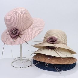 Wide Brim Hats Women Straw Hat Braided Flower Decor Round Solid Color Anti-UV Foldable Korean Summer Vacation Lady Sun Headwear