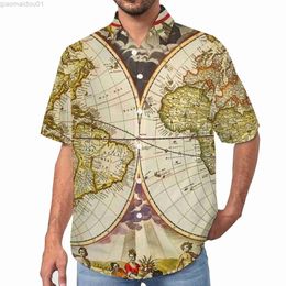 Men's Casual Shirts Vintage Earth Map Casual Shirt Vintage Anitque Vacation Loose Shirt Hawaiian Stylish Blouses Short-Sleeve Graphic Oversized Tops L230721
