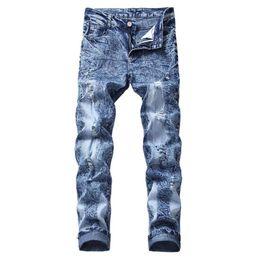 KIMSERE Fashion Men Ripped Jeans Pants Stretch Distressed Denim Trousers With Holes Straight Plus Size 30-44 Washed Blue2175