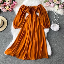 Casual Dresses Women's Dress Spring Autumn Slash Neck Puff Sleeve Ruffles Lace-Up A-Line Ankle-Length Solid Color Beach Vacation Travel