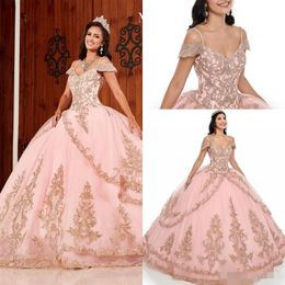 2020 Pink Quinceanera Dresses Spaghetti Straps Off the Shoulder Gold Lace Applique Tiered Skirt Custom Made Sweet 16 Prom Ball Gow2150