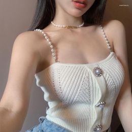 Women's Tanks Chikichi Black Knitted Camisole Women Korean Fashion Clothing Spring 2023 Pearl String Strap Blazer Sexy Crop Tops